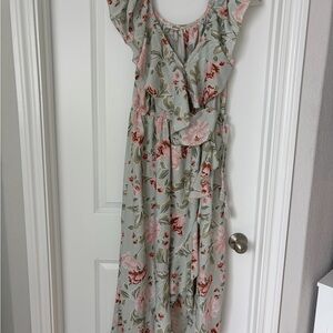 Floral Ruffle Maxi Dress in Sage and Pink